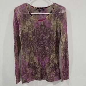 Y2K Vintage Almost Famous Womens Floral Lace Sheer Top Size Large Fairy‎ Fitted